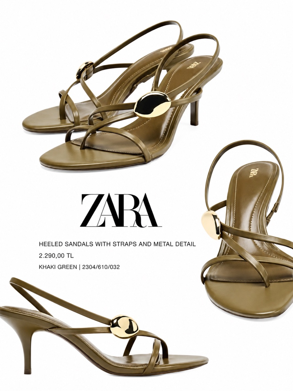 Zara Khaki Green Strappy Slingback Heeled Sandals with Gold Accent🫒